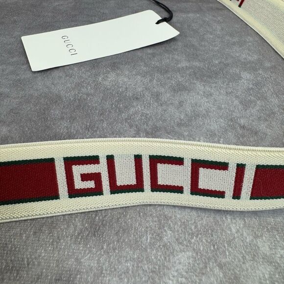 Gucci NWT Mens Logo Stripe Elastic Belt White Red Stretch Fabric 523344 105/42 - Picture 4 of 10